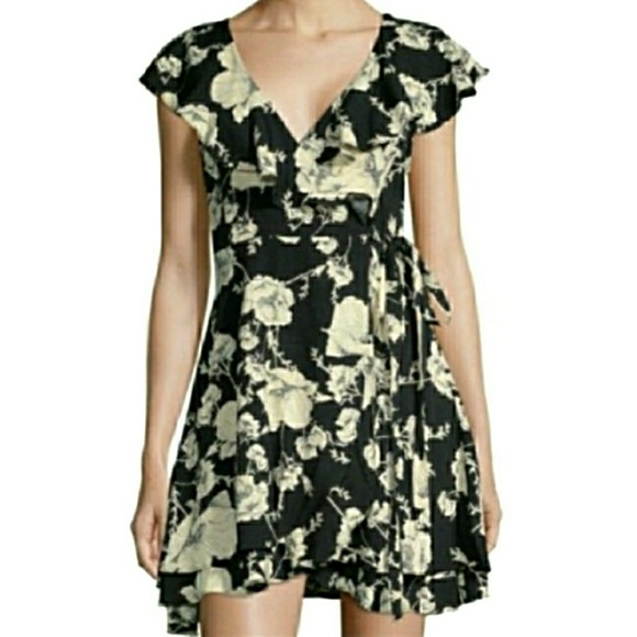 🆕Free People Ruffled Print Black Wrap Dress - Picture 3 of 7